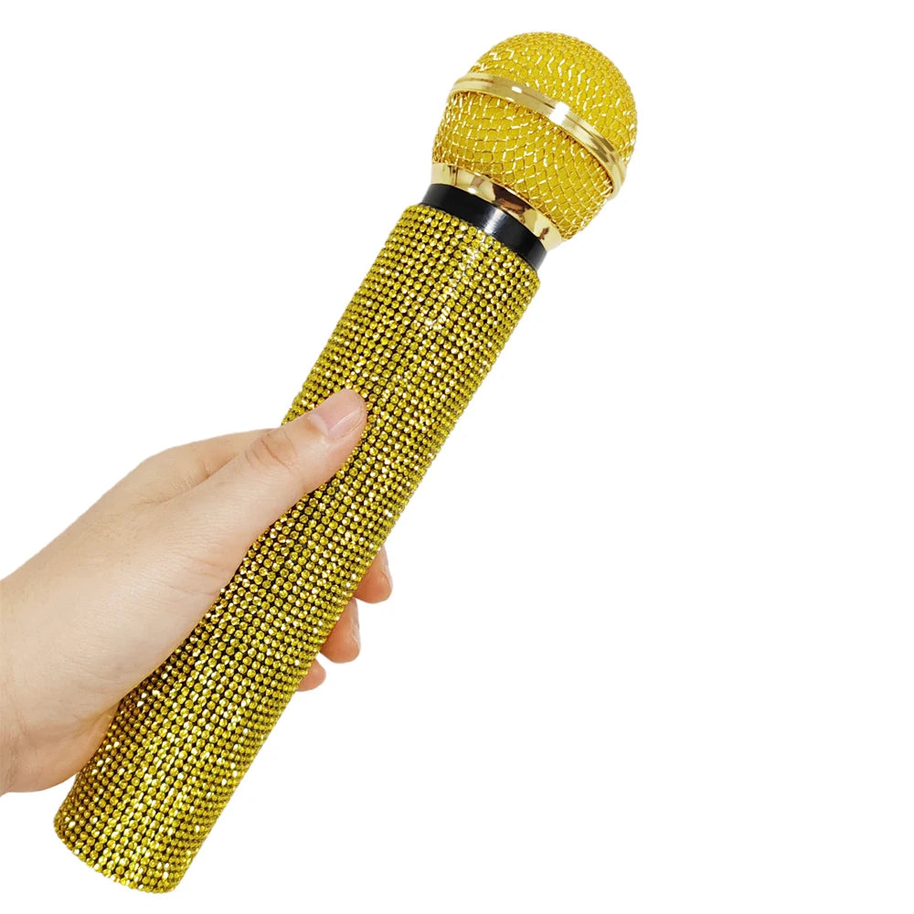 Rhinestone Microphone Prop,Sparkly Toy Fake Mic,Plastic Microphone Toy Mic For Home Bar Party Cosplay Photography Decoration Quake Gold