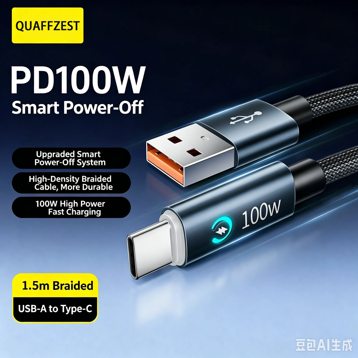 100W Super Fast Charging USB‑C to type‑C Cable, Smart Auto Power‑Off Braided Type‑C Charger Cord for phone Quake Usb to type-c 1.5m