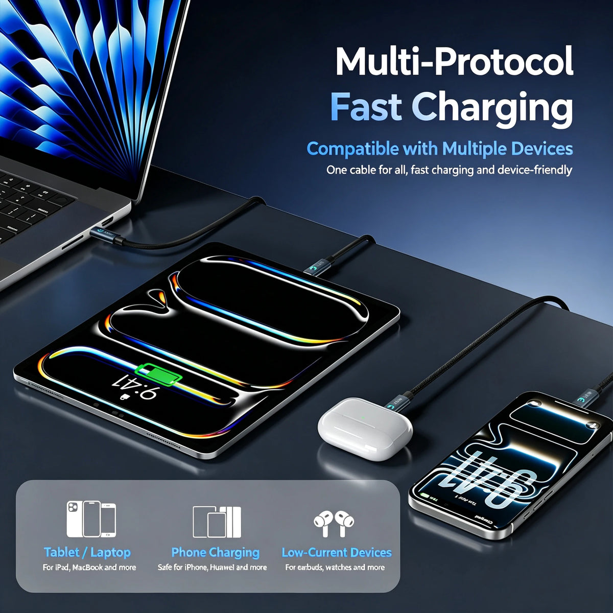 100W Super Fast Charging USB‑C to type‑C Cable, Smart Auto Power‑Off Braided Type‑C Charger Cord for phone Quake