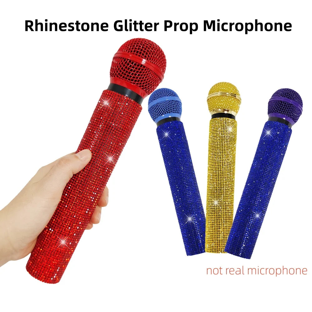 Bling Fake Microphone Prop,Sparkly Rhinestone Toy Mic,Plastic Play Microphone Toy Mic For Home Bar Party Photography Cosplay Quake