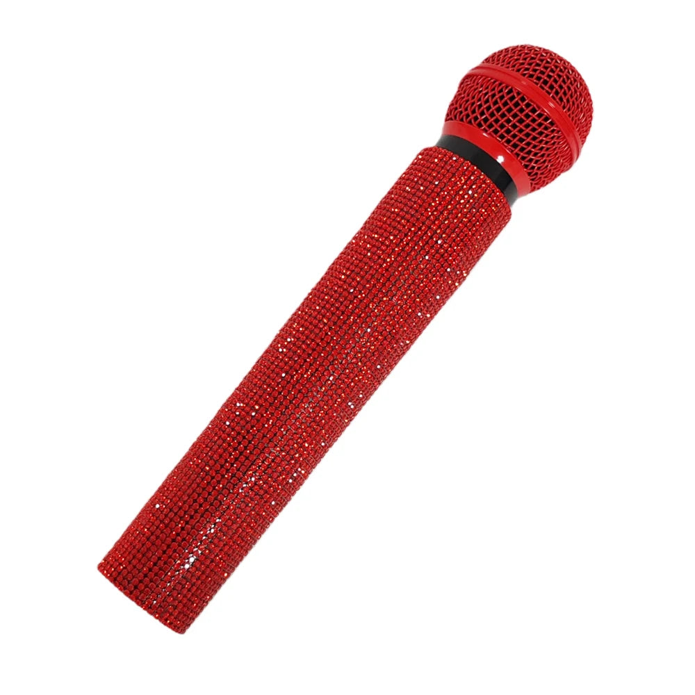 Bling Fake Microphone Prop,Sparkly Rhinestone Toy Mic,Plastic Play Microphone Toy Mic For Home Bar Party Photography Cosplay Quake red