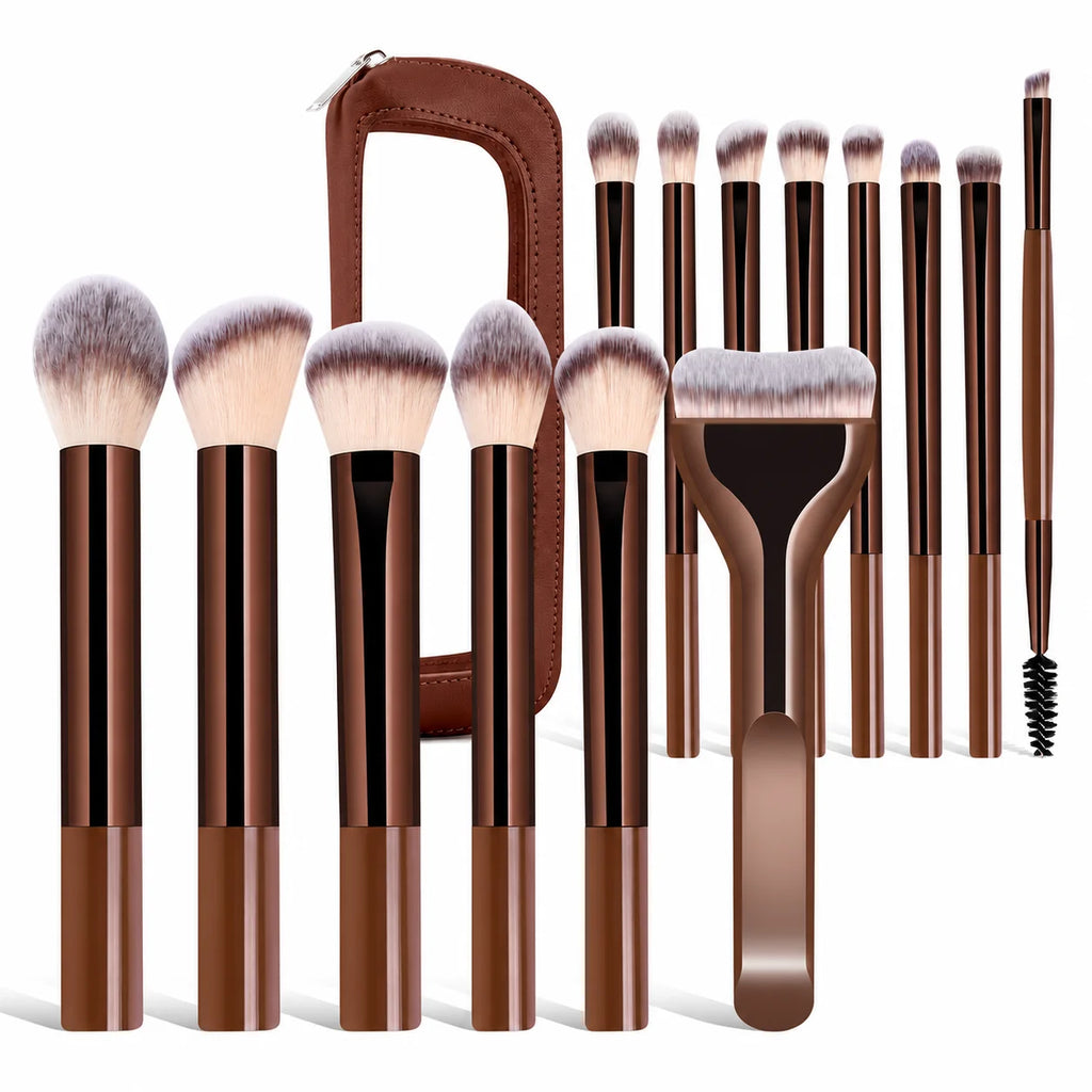 15Pcs Professional Makeup Brushes Set Soft Synthetic Hair Foundation Powder Blush Contour Eyeshadow Eyebrow Brush with PU Storag Quake Coffee Brown