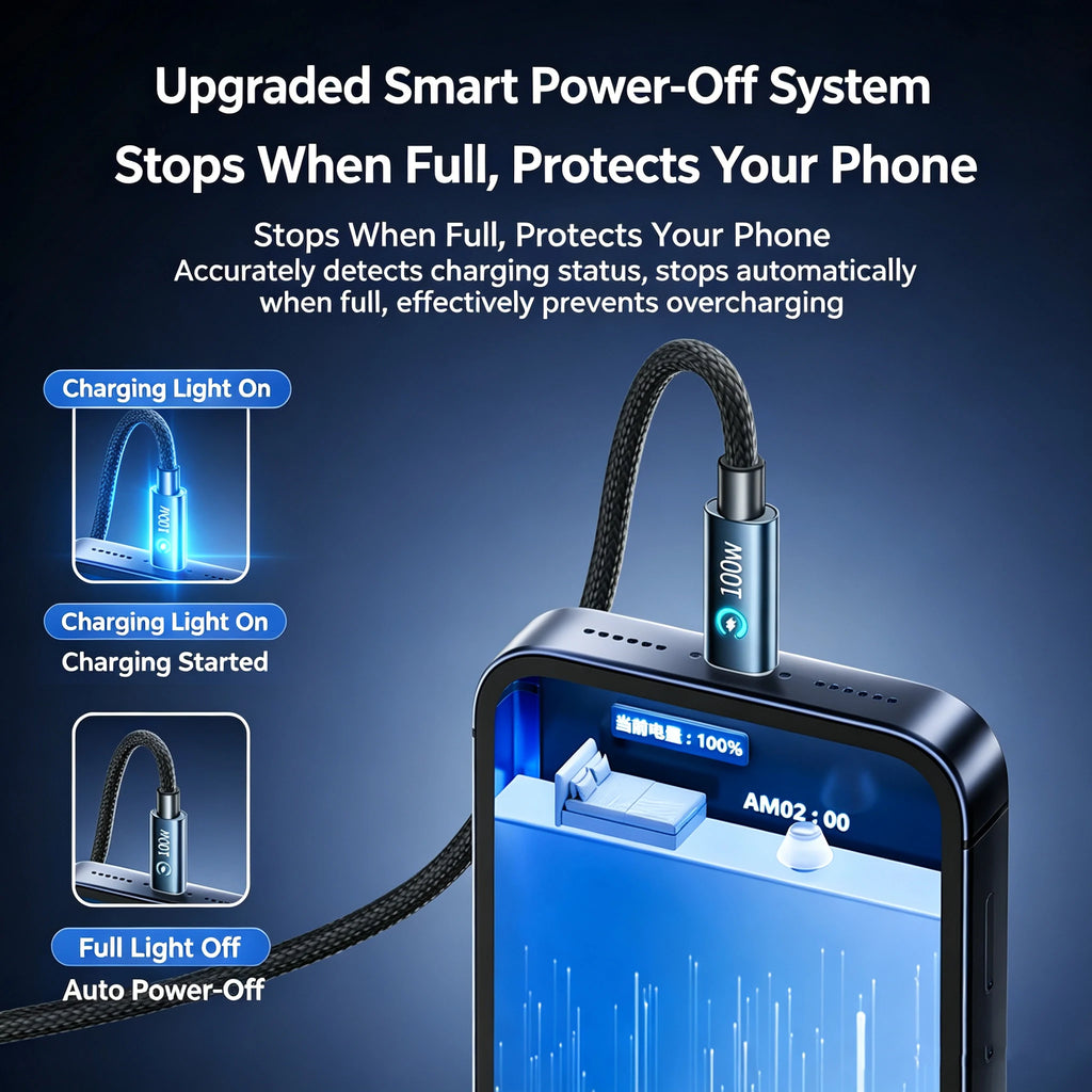 100W Super Fast Charging USB‑C to type‑C Cable, Smart Auto Power‑Off Braided Type‑C Charger Cord for phone Quake