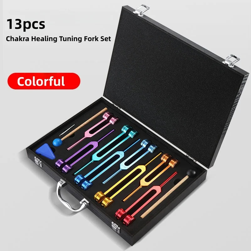 13pcs Colorful Chakra Healing Tuning Fork Set,Aluminum Alloy Tuning Forks with Wood Gift Box For Sound Therapy,Yoga,Meditation Quake