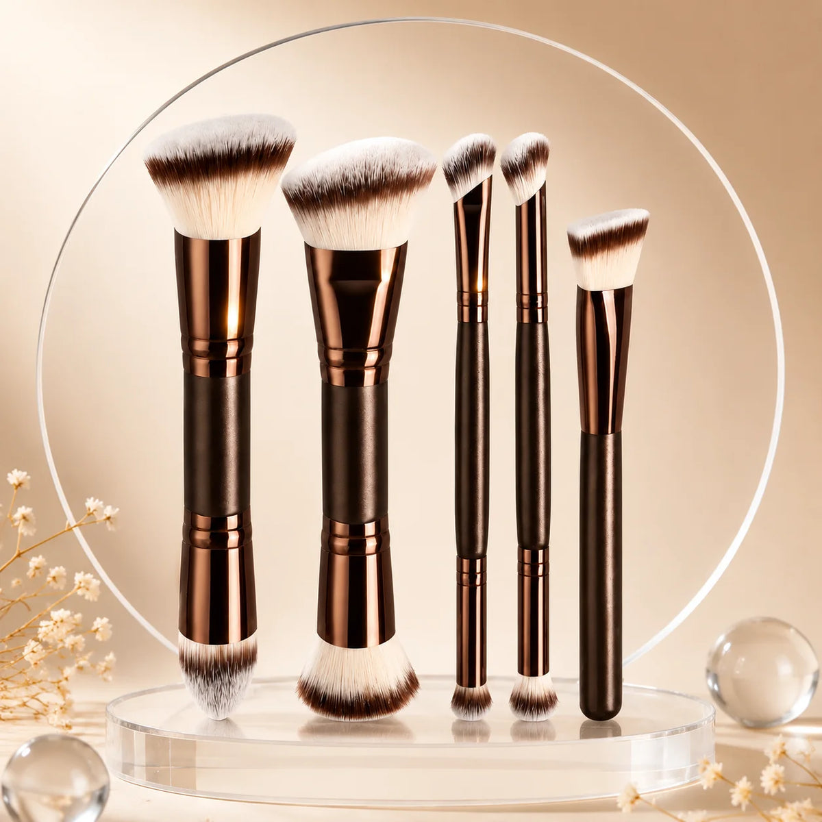 5/6/10 Professional Makeup Brush Set with Powder Puff, Dual-Ended Foundation Brush, Blush, Contour, Eyeshadow Quake 5 Pcs