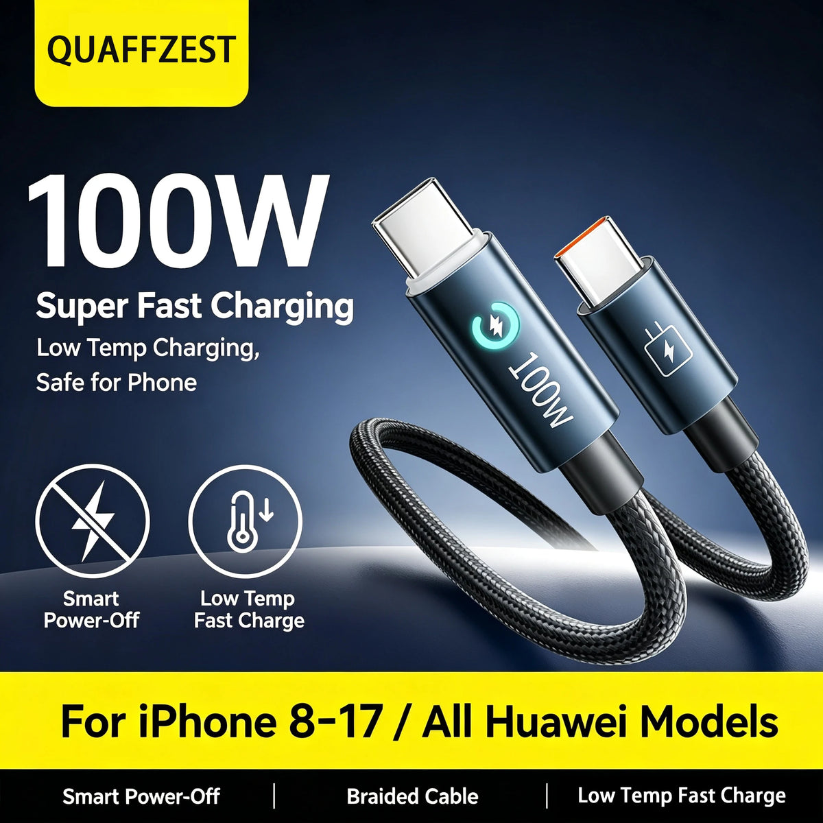 100W Super Fast Charging USB‑C to type‑C Cable, Smart Auto Power‑Off Braided Type‑C Charger Cord for phone Quake