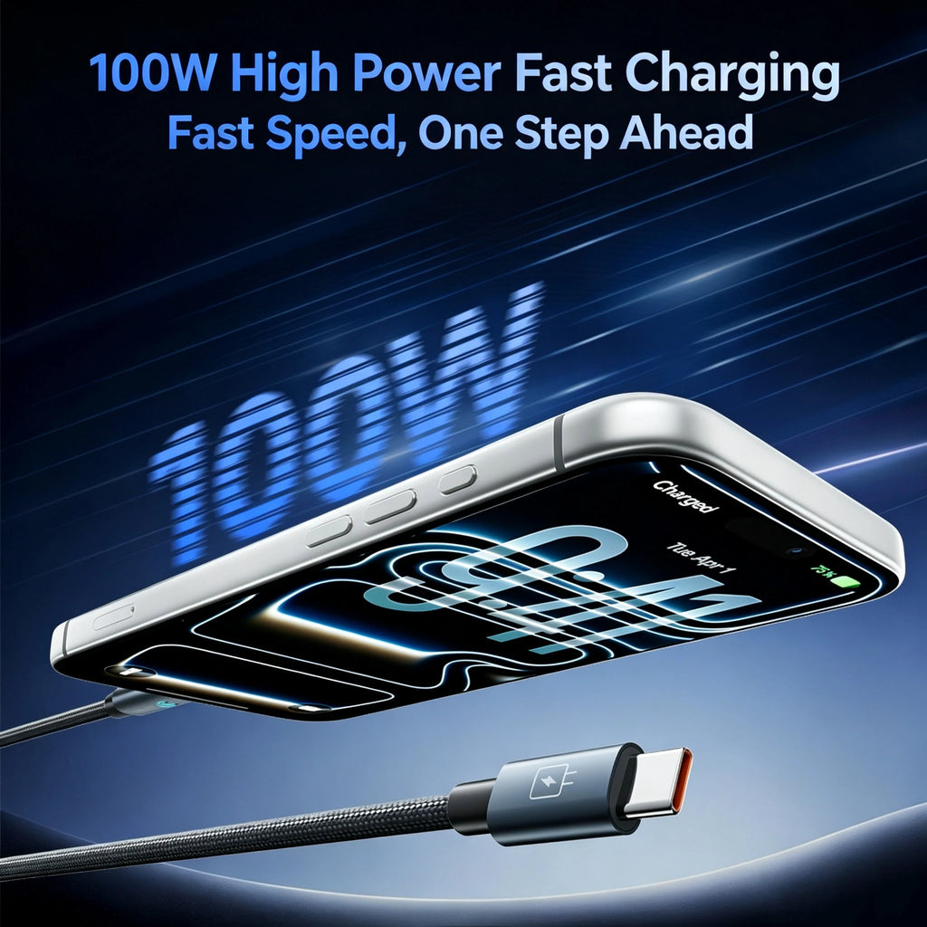 100W Super Fast Charging USB‑C to type‑C Cable, Smart Auto Power‑Off Braided Type‑C Charger Cord for phone Quake