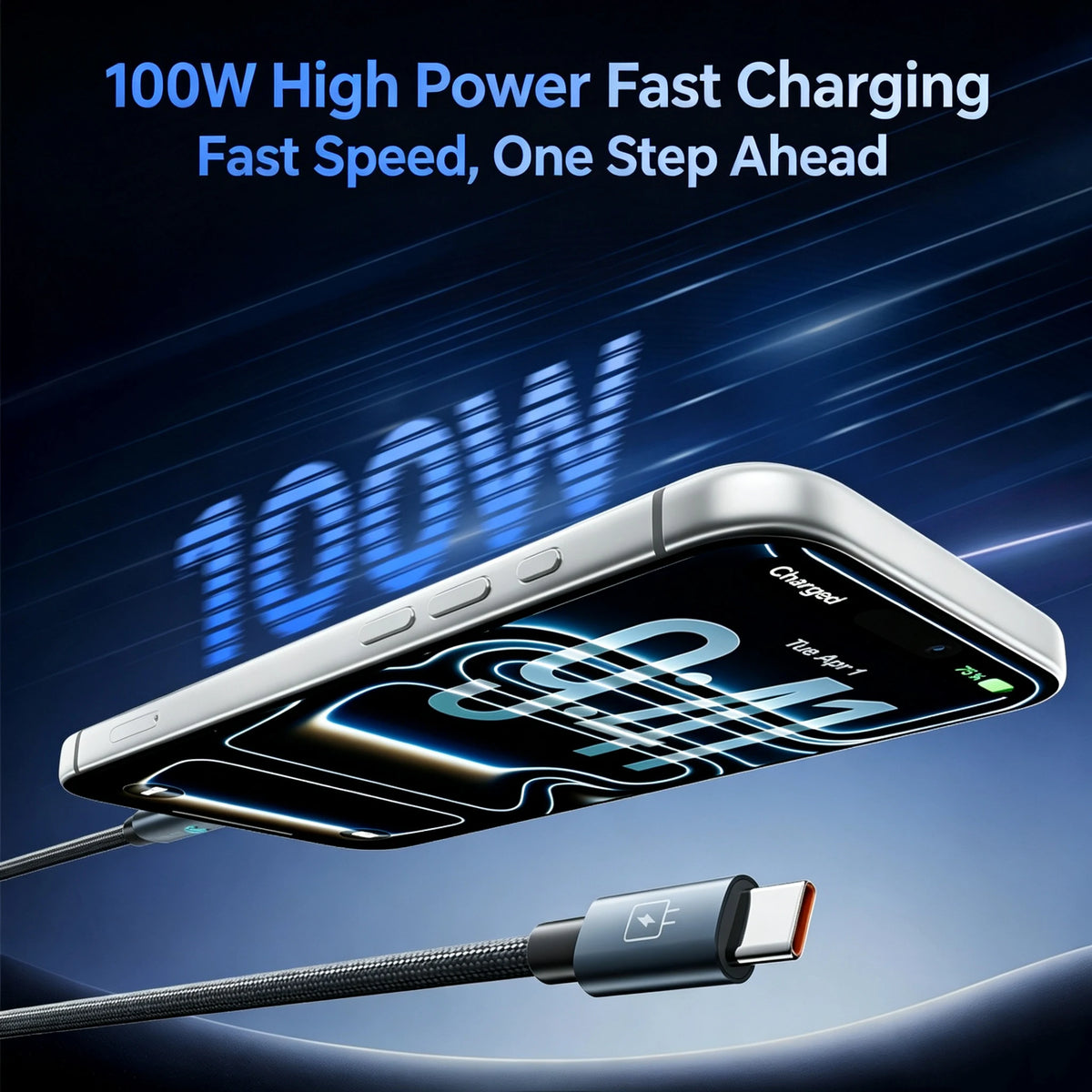100W Super Fast Charging USB‑C to type‑C Cable, Smart Auto Power‑Off Braided Type‑C Charger Cord for phone Quake