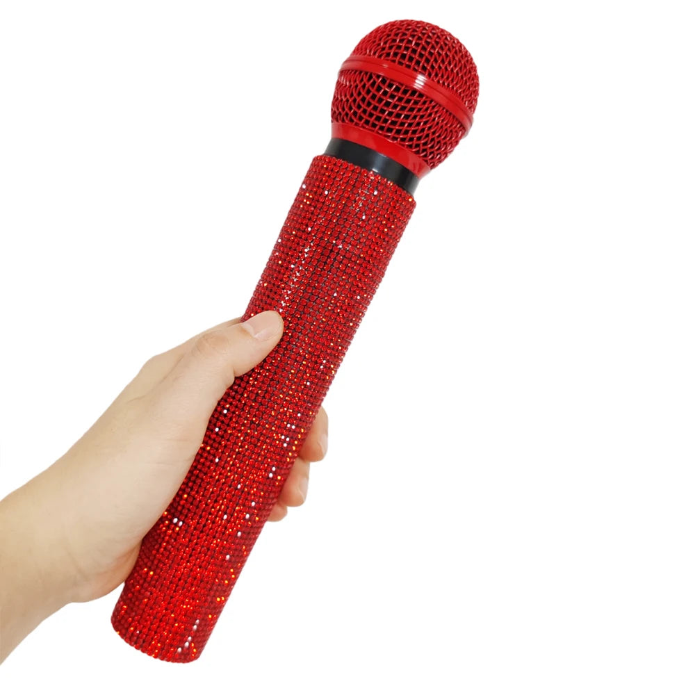 Rhinestone Microphone Prop,Sparkly Toy Fake Mic,Plastic Microphone Toy Mic For Home Bar Party Cosplay Photography Decoration Quake Red
