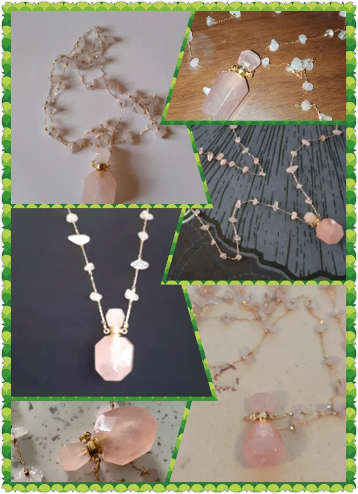 Natural Stone Perfume Bottle Necklace Pink Quartz Pendant Charms For Elegant Women Love Romantic Gift 60 CM Quake
