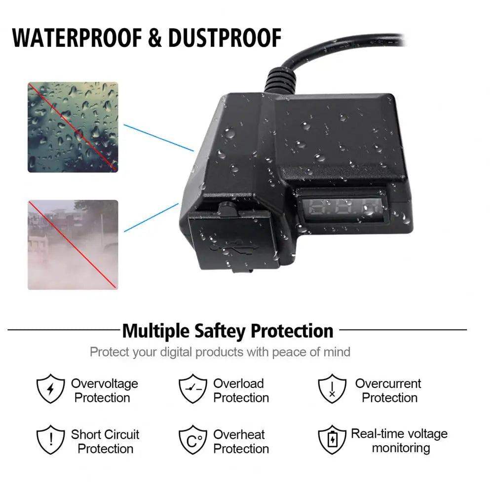 Motorcycle Multifunctional Dual USB Mobile Phone Charger Adapter with Dustproof Cover Motorcycle Handlebar Charger Voltmeter Quake