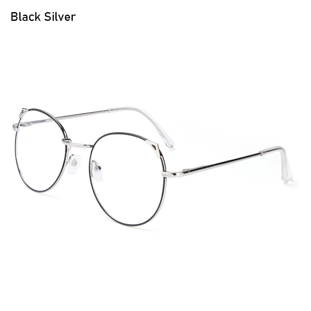 Trendy Office Anti Blue Light Glasses for Women Cute Cat Ears Eyewear Blue Rays Blocking Eyewear Classic Metal Frame Eyeglasses Quake Black Silver