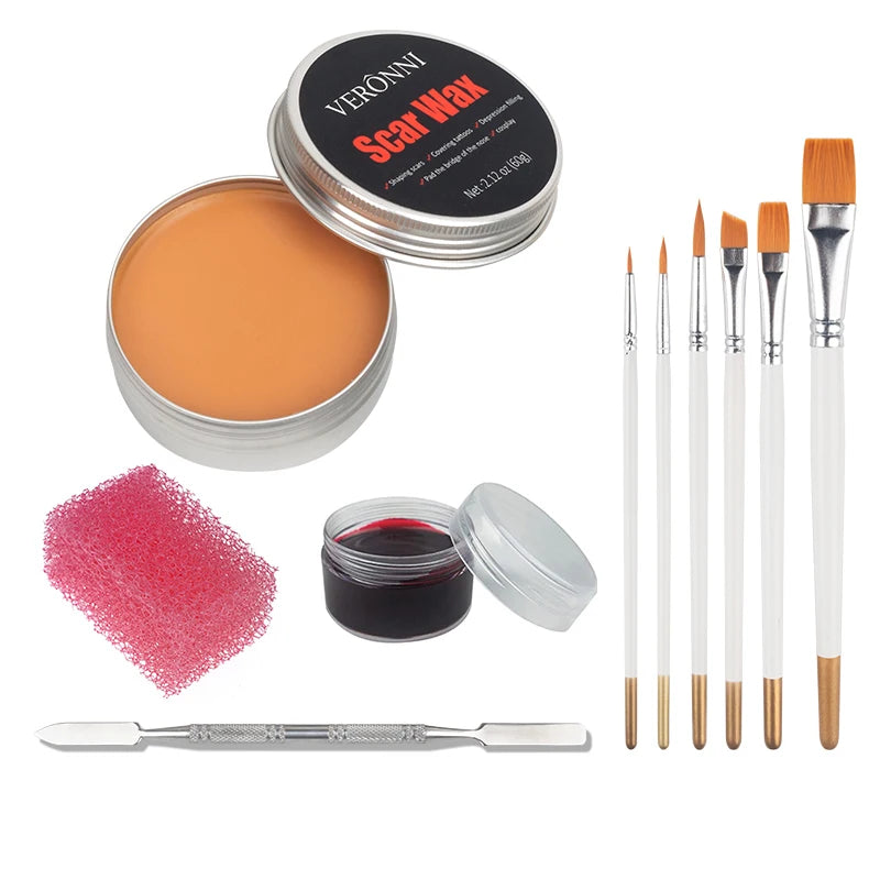 2/4/5PCS SFX Makeup Set Special Effect Halloween Party Wound Scar Wax Makeup with Spatula Sponge to Create a Blood Splash Shape Quake 5pcs-02-6 brushes