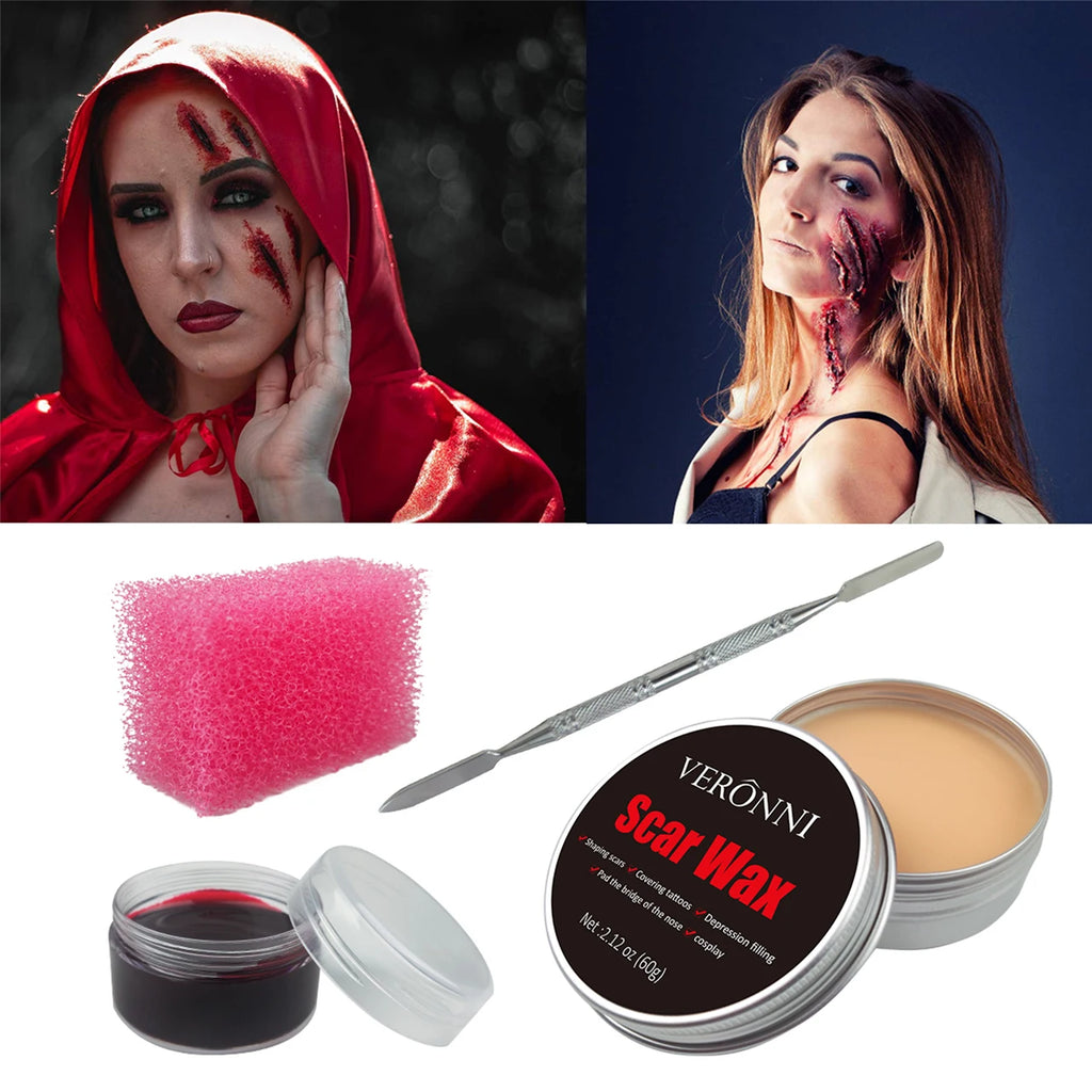 SFX Makeup Kit Scars Wax Halloween Special Effects Stage Fake Wound Skin Wax with Spatula Stipple Sponge Fake Wood Special Quake
