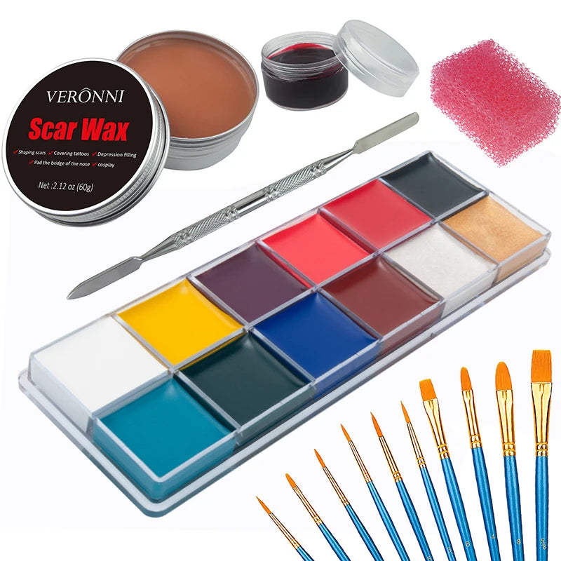 SFX Makeup Kit 12Color 42gFace Body Paint Stage Special Effects Halloween Wound Scar Wax Makeup Fake Scab Blood Spatula Paint Quake 6pcs 03-42g Paint