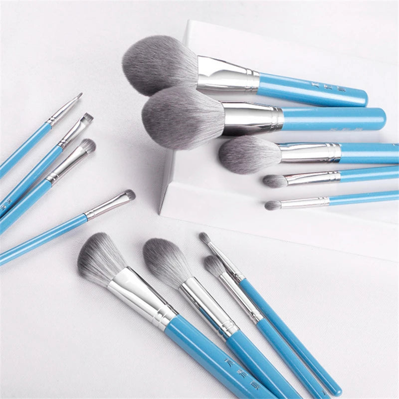 MY Destiny 13Pcs Makeup Brushe Set Pearly Blue Wood Handle Soft Synthetic Hair Powder Blusher Bronzer Eyeshadow Cosmetic Brush Quake