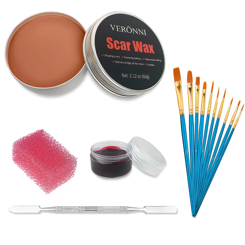 SFX Makeup Kit 12 Color Face Body Paint Oil Stage Special Effects Halloween Wound Scar Wax Makeup Fake Scab Blood Spatula Paint Quake 5pcs 03-10 Brushes