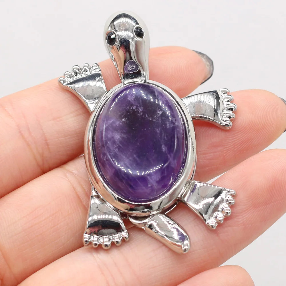 Women's Pendant Natural Stone Alloy Pendant Tortoise-Shaped For Jewelry Making DIY Necklace Bracelet Clothes Shirts Accessory Quake Amethyst