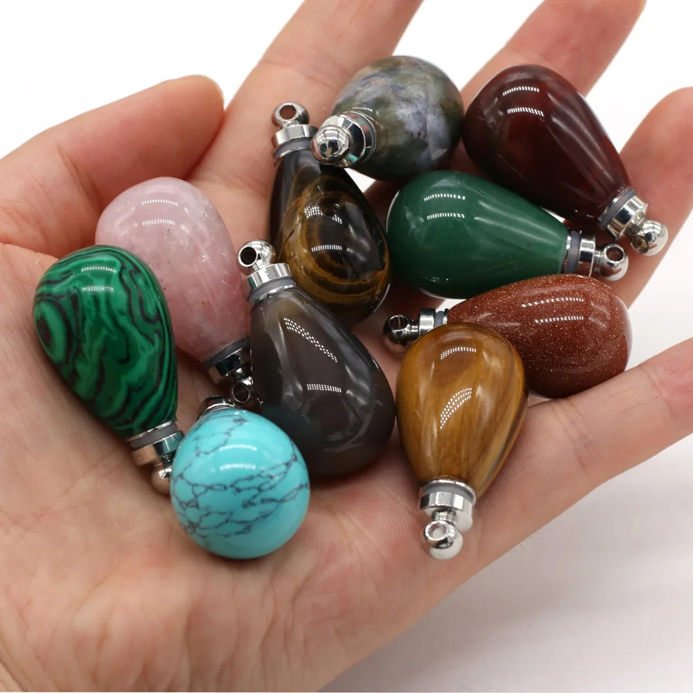 Natural Stone Perfume Bottle Pendant Round Drop Shaped Semi-precious Exquisite Charms For Jewelry Making DIY Necklace Accessory Quake