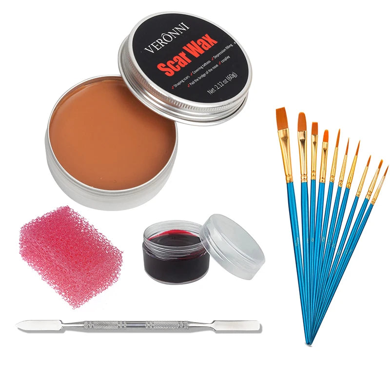 2/4/5PCS SFX Makeup Set Special Effect Halloween Party Wound Scar Wax Makeup with Spatula Sponge to Create a Blood Splash Shape Quake 5pcs-03-10 brushes
