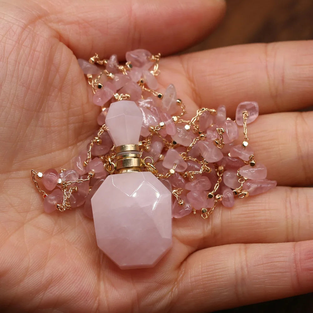 Natural Stone Perfume Bottle Necklace Pink Quartz Pendant Charms For Elegant Women Love Romantic Gift 60 CM Quake