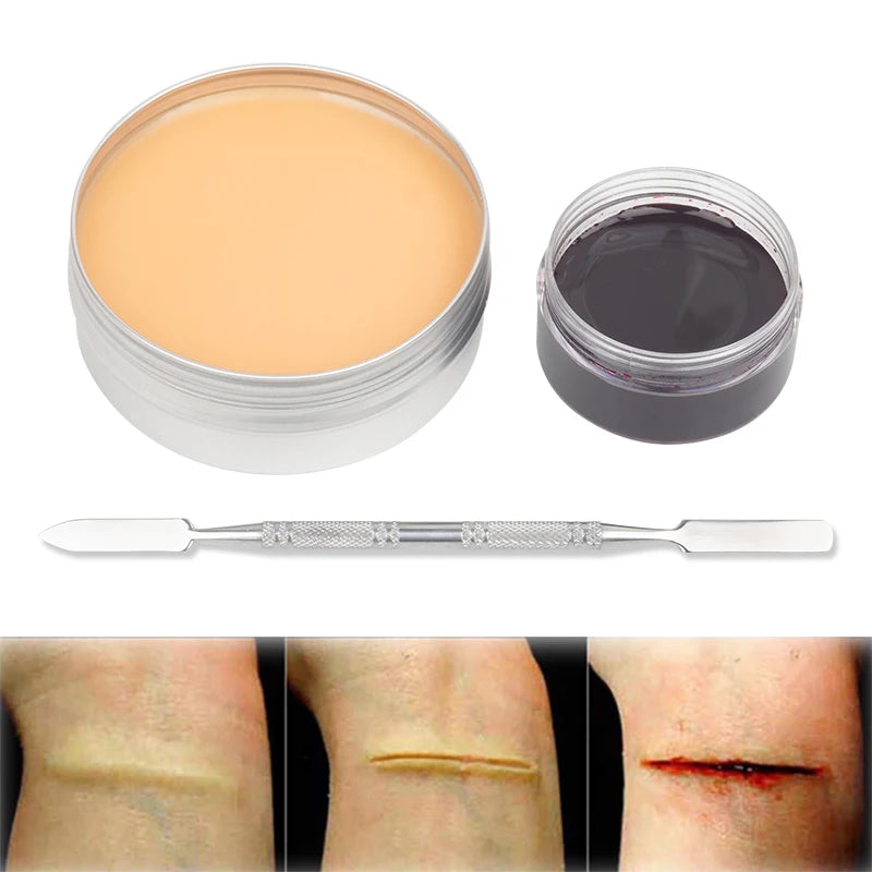 SFX Makeup Kit Scars Wax Halloween Special Effects Stage Fake Wound Skin Wax with Spatula Stipple Sponge Fake Wood Special Quake