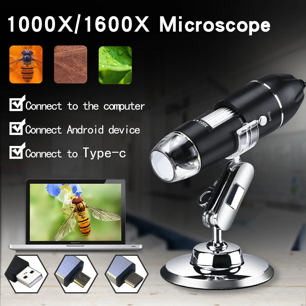1000 1600x USB Digital Microscope Camera Endoscope 8LED Magnifier with Metal Stand for Mobile Phone Repairing Hair Skin Quake