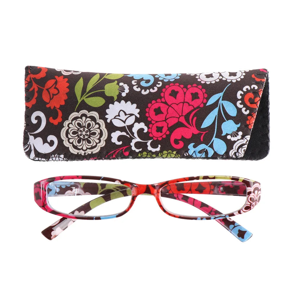 Ultralight Spring Hinge Reading Glasses Fashion Retro Flower Print Presbyopic Eyeglasses PC Frame Readers Eyewear with Pouch Quake red +250