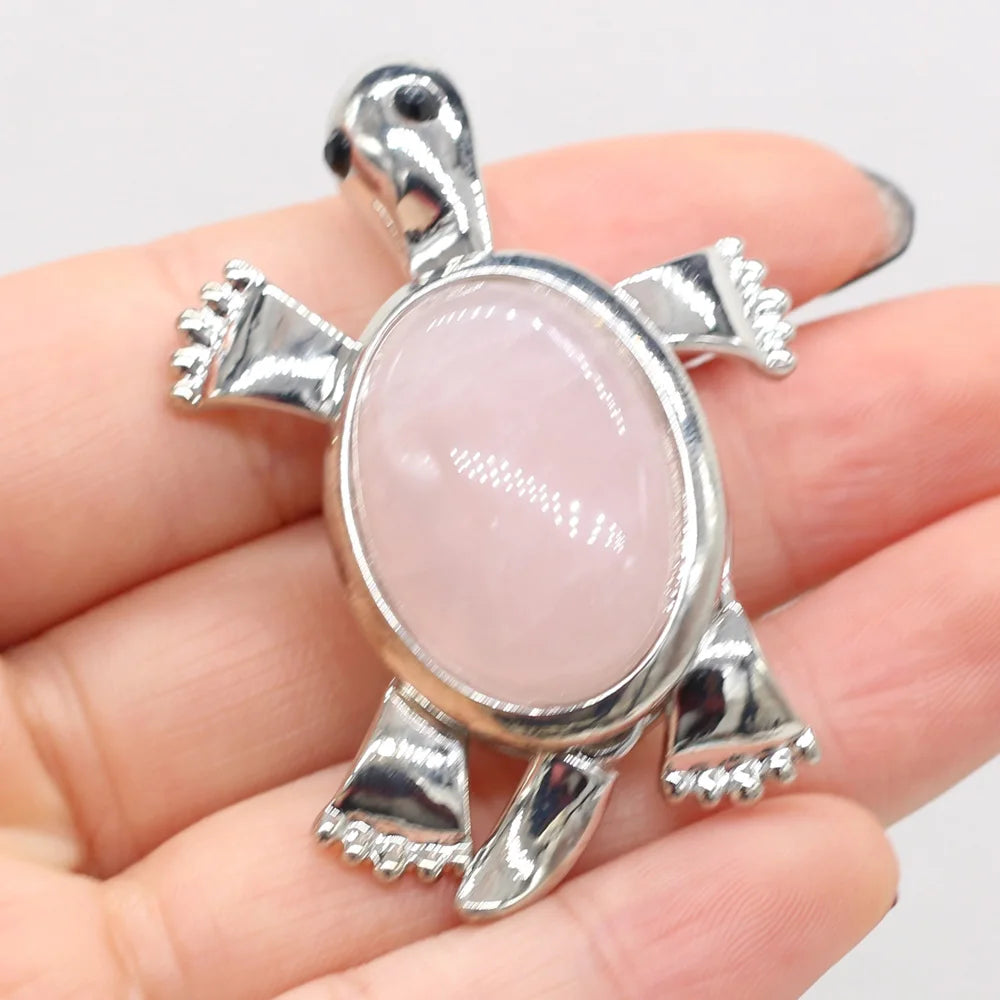 Women's Pendant Natural Stone Alloy Pendant Tortoise-Shaped For Jewelry Making DIY Necklace Bracelet Clothes Shirts Accessory Quake Rose Quartz