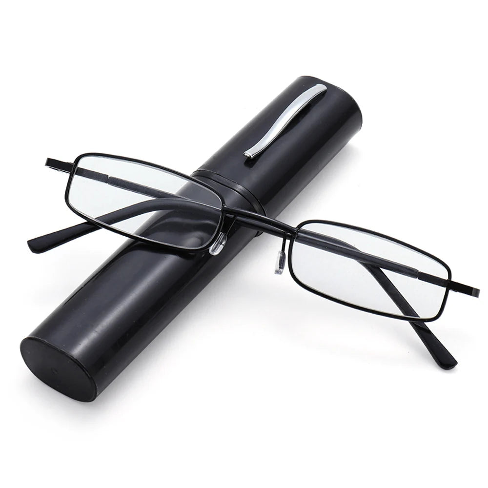 Portable Lightweight Slim Reading Glasses with Tube Case Anti Blue Light Readers Glasses for Men Women Mini Compact Eyeglasses Quake black +400