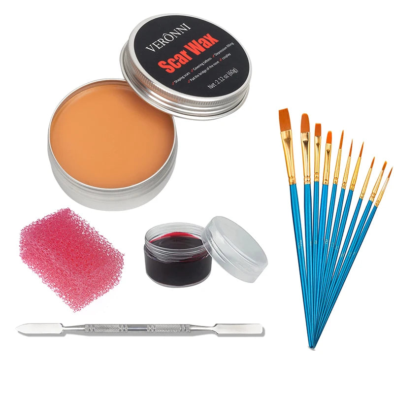 2/4/5PCS SFX Makeup Set Special Effect Halloween Party Wound Scar Wax Makeup with Spatula Sponge to Create a Blood Splash Shape Quake 5pcs-02-10 brushes