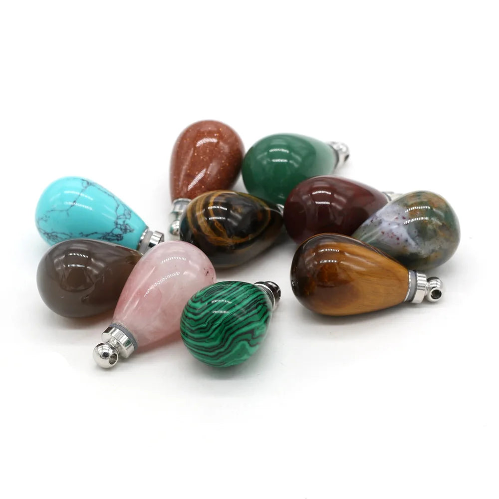 Natural Stone Perfume Bottle Pendant Round Drop Shaped Semi-precious Exquisite Charms For Jewelry Making DIY Necklace Accessory Quake