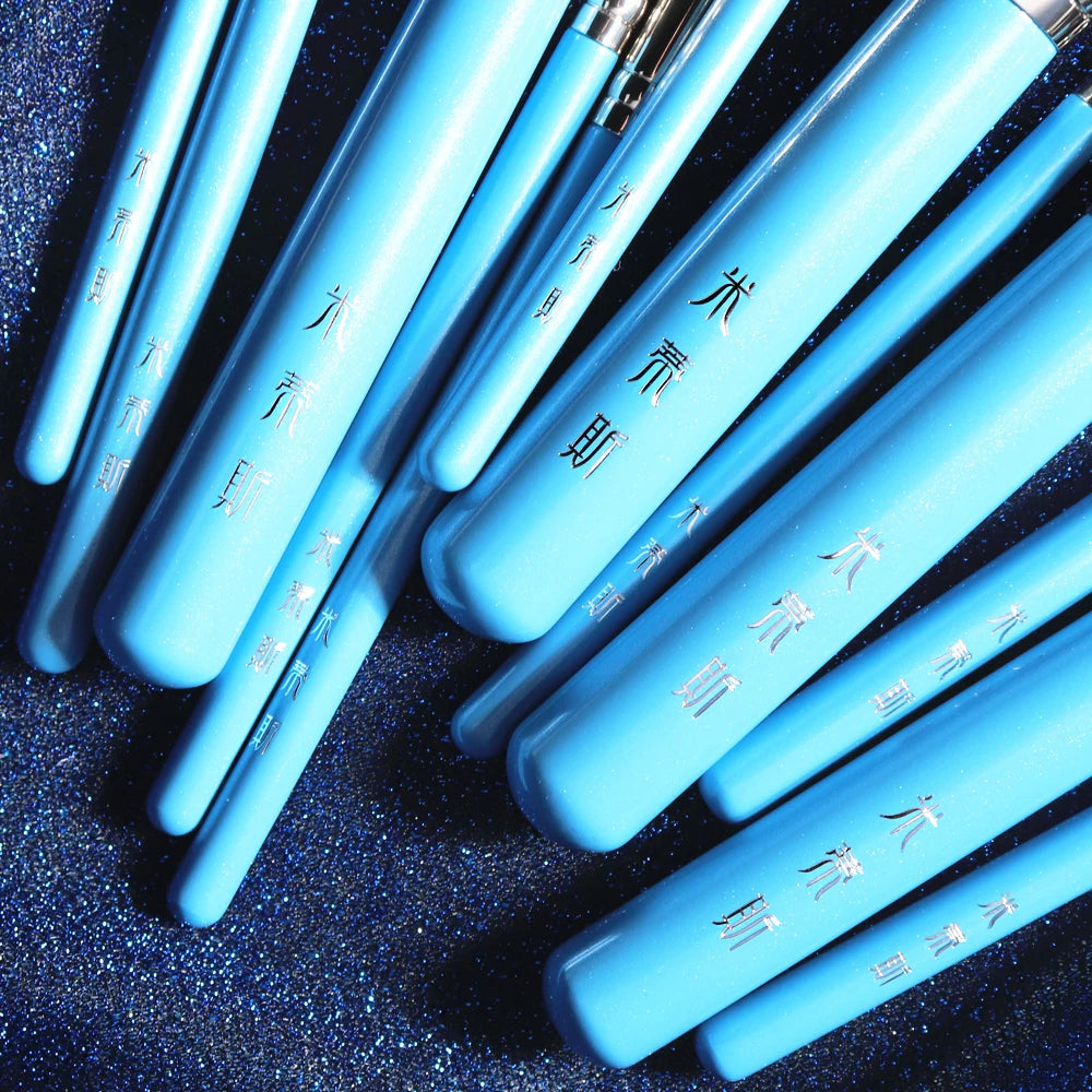 MY Destiny 13Pcs Makeup Brushe Set Pearly Blue Wood Handle Soft Synthetic Hair Powder Blusher Bronzer Eyeshadow Cosmetic Brush Quake