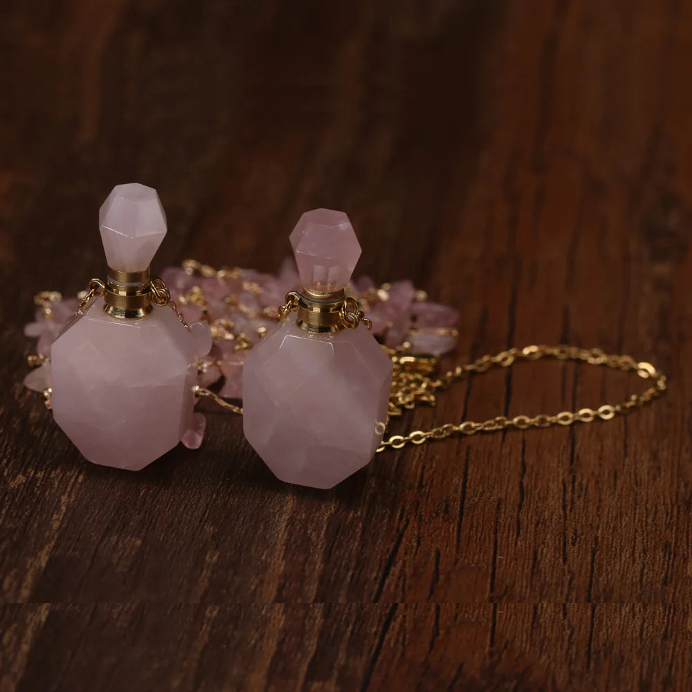 Natural Stone Perfume Bottle Necklace Pink Quartz Pendant Charms For Elegant Women Love Romantic Gift 60 CM Quake