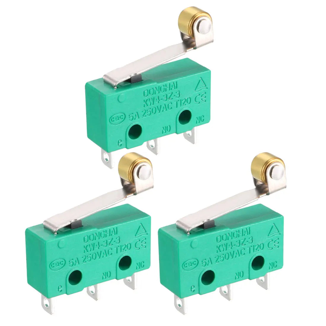 3Pcs KW4-3Z-3 Micro Limit Switch SPDT NO NC 3 Terminals Momentary Hinge Roller Lever Green Microswitch Miniature Micro Switch Quake