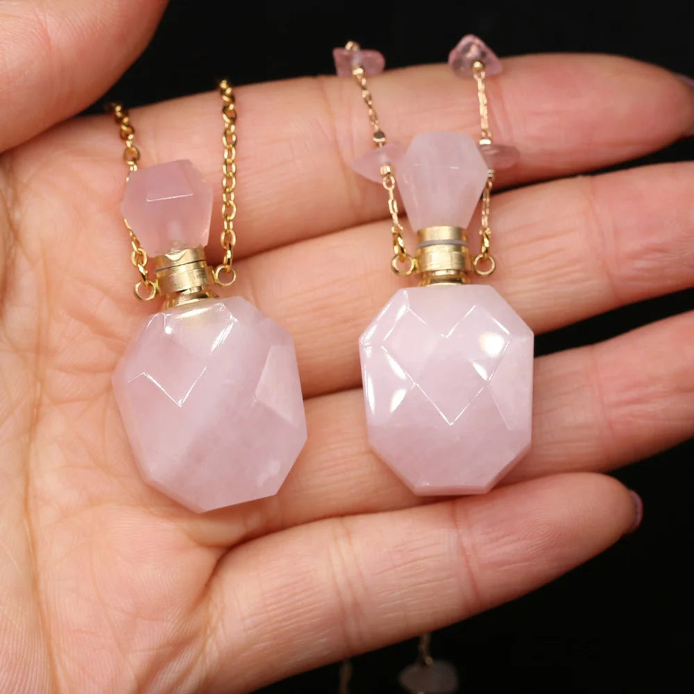 Natural Stone Perfume Bottle Necklace Pink Quartz Pendant Charms For Elegant Women Love Romantic Gift 60 CM Quake