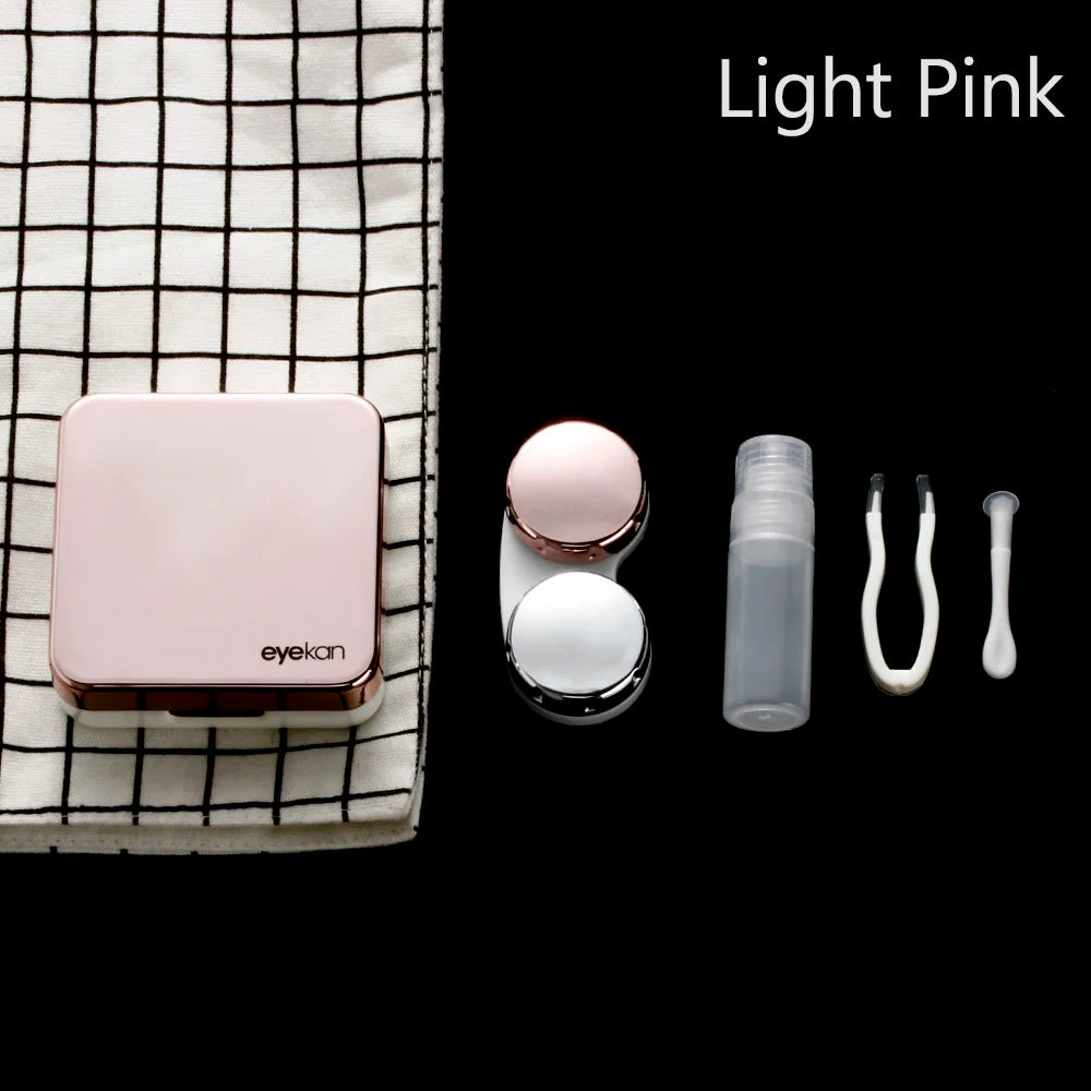 New Fashion Contact Lens Box ABS Plastic Square Mirror Lens Case Travel Container Holder Storage Soaking Box Case Quake Light pink