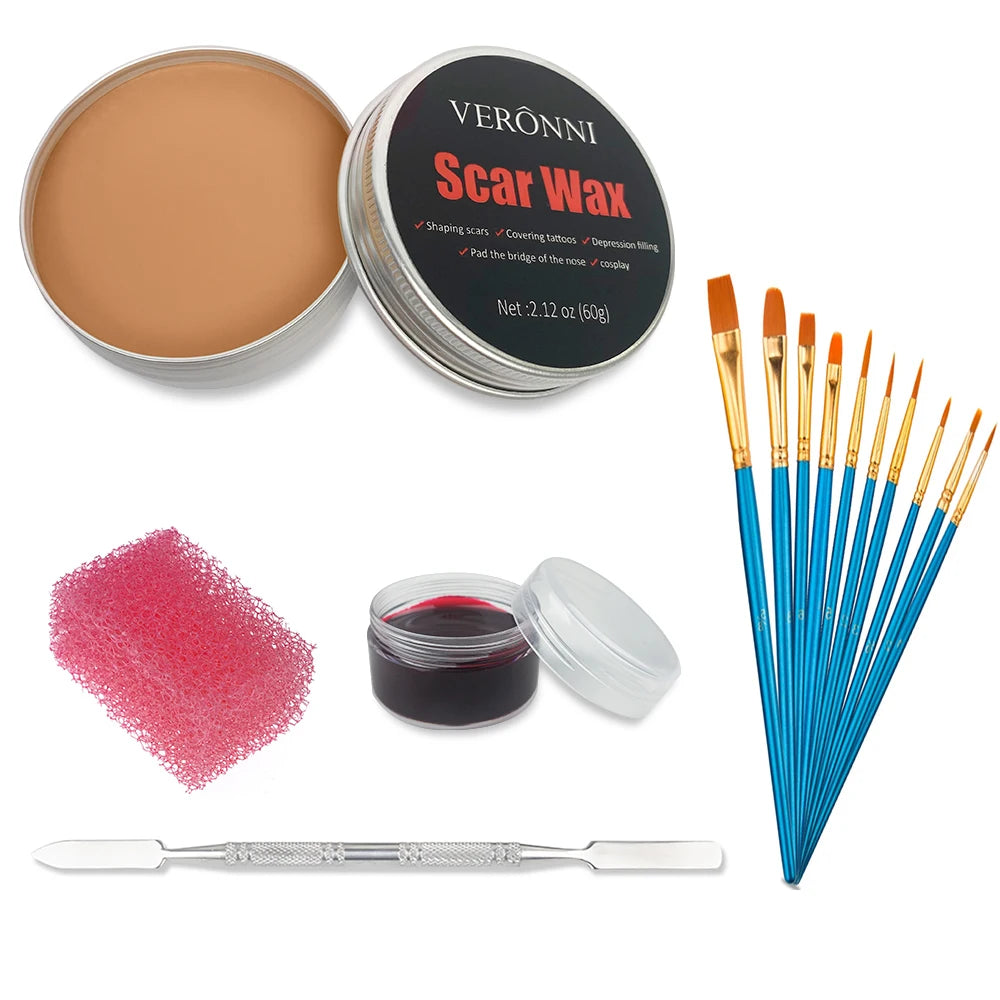 SFX Makeup Kit 12Color 42gFace Body Paint Stage Special Effects Halloween Wound Scar Wax Makeup Fake Scab Blood Spatula Paint Quake 5pcs 02-10 Brushes