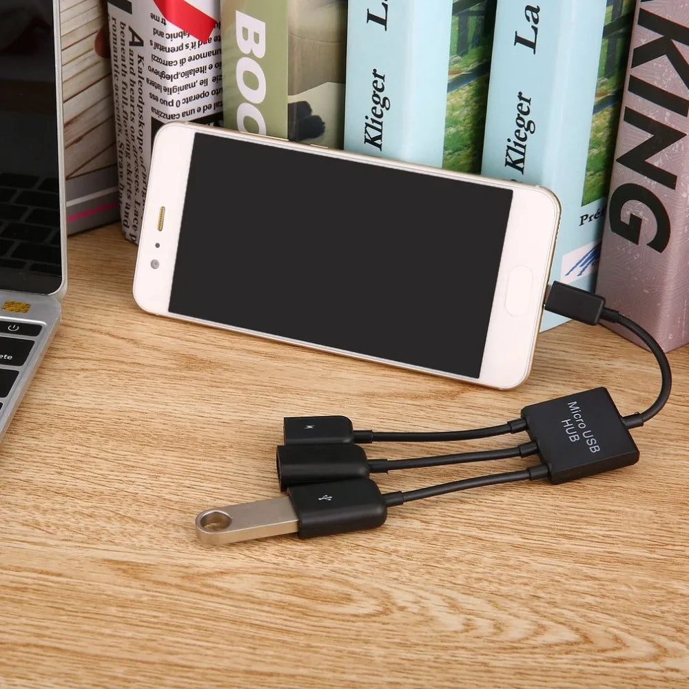 Newest 3 in 1 Micro USB Type C HUB Male to Female Double USB 2.0 Host OTG Adapter Cable For Smartphone Computer Tablet 3 Port Quake