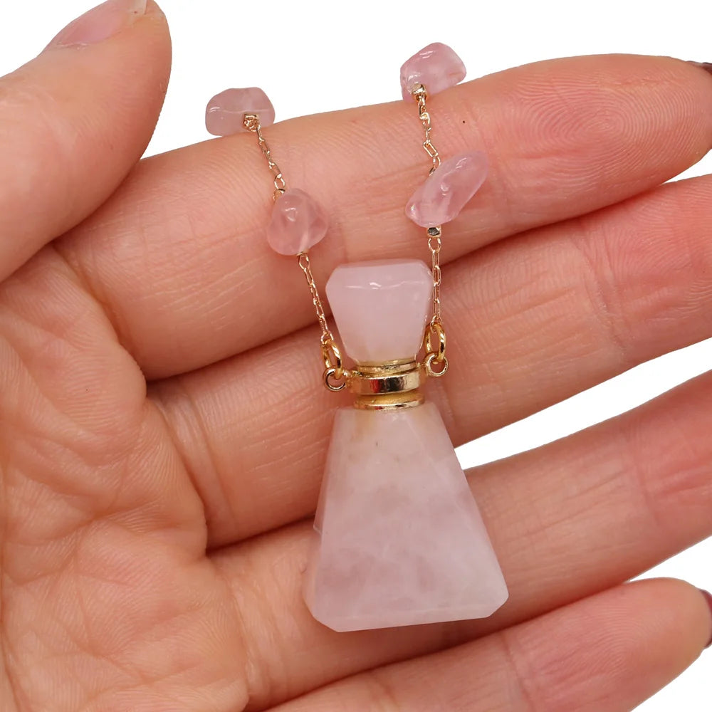 Natural Stone Perfume Bottle Necklace Pink Quartz Pendant Charms For Elegant Women Love Romantic Gift 60 CM Quake 18x33mm 60cm