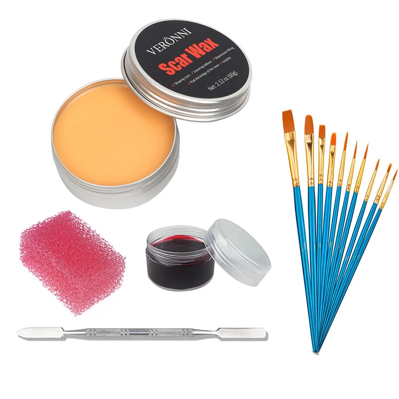 2/4/5PCS SFX Makeup Set Special Effect Halloween Party Wound Scar Wax Makeup with Spatula Sponge to Create a Blood Splash Shape Quake 5pcs-01-10 brushes