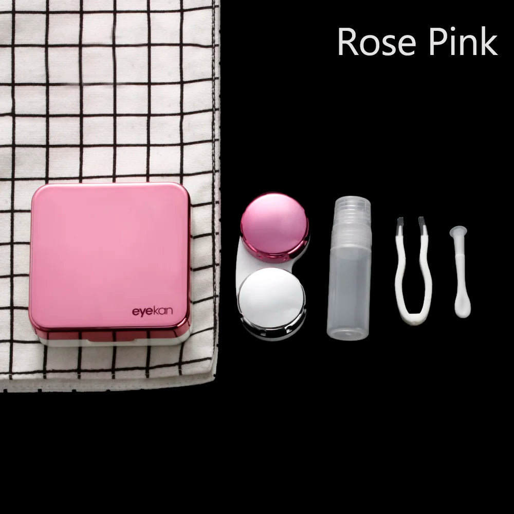New Fashion Contact Lens Box ABS Plastic Square Mirror Lens Case Travel Container Holder Storage Soaking Box Case Quake rose pink