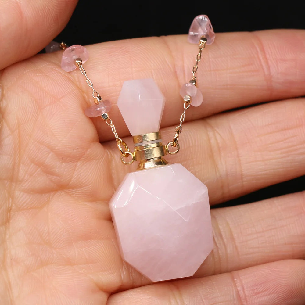 Natural Stone Perfume Bottle Necklace Pink Quartz Pendant Charms For Elegant Women Love Romantic Gift 60 CM Quake 18x36x14mm 1 60cm