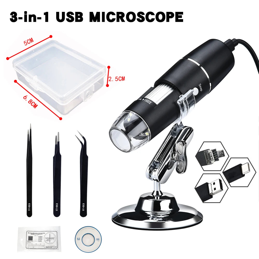 1600X 1000X USB Microscope Handheld Portable Digital Microscope USB Interface Electron Microscopes with 8 LEDs with Bracket Quake