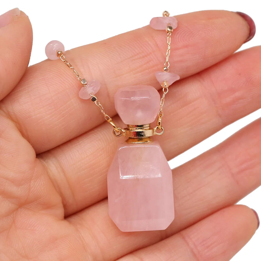 Natural Stone Perfume Bottle Necklace Pink Quartz Pendant Charms For Elegant Women Love Romantic Gift 60 CM Quake 16x35x11mm 60cm
