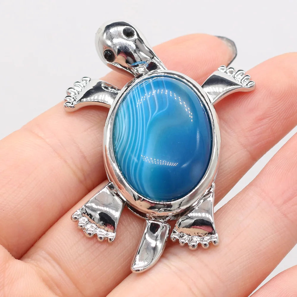 Women's Pendant Natural Stone Alloy Pendant Tortoise-Shaped For Jewelry Making DIY Necklace Bracelet Clothes Shirts Accessory Quake Blue Agate