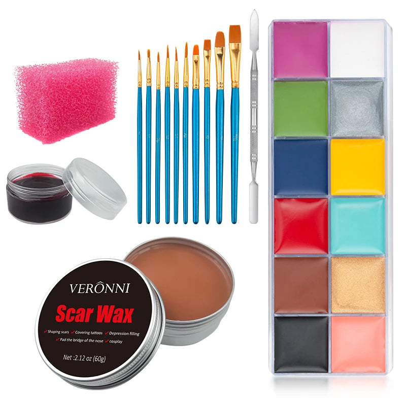 SFX Makeup Kit 12Color 42gFace Body Paint Stage Special Effects Halloween Wound Scar Wax Makeup Fake Scab Blood Spatula Paint Quake 6pcs 03-96g Paint