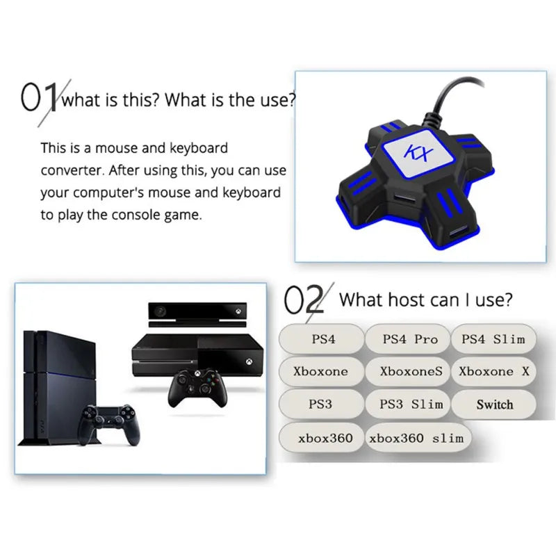 For PS4 Controller Keyboard Mouse Adapter KX USB Gamepad Adapter Converter for Xbox One Nintendo Switch for Playstation 4 Pro P3 Quake