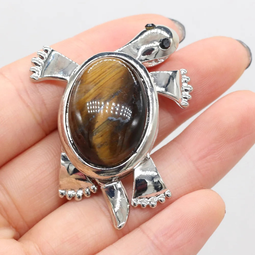 Women's Pendant Natural Stone Alloy Pendant Tortoise-Shaped For Jewelry Making DIY Necklace Bracelet Clothes Shirts Accessory Quake Tiger Eye Stone