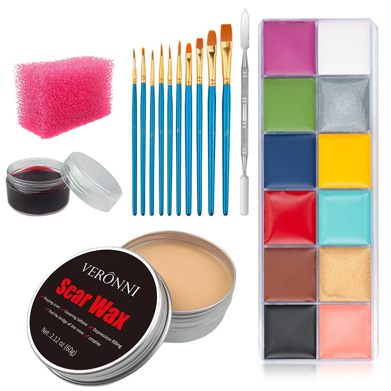 SFX Makeup Kit 12Color 42gFace Body Paint Stage Special Effects Halloween Wound Scar Wax Makeup Fake Scab Blood Spatula Paint Quake 6pcs 01-96g Paint